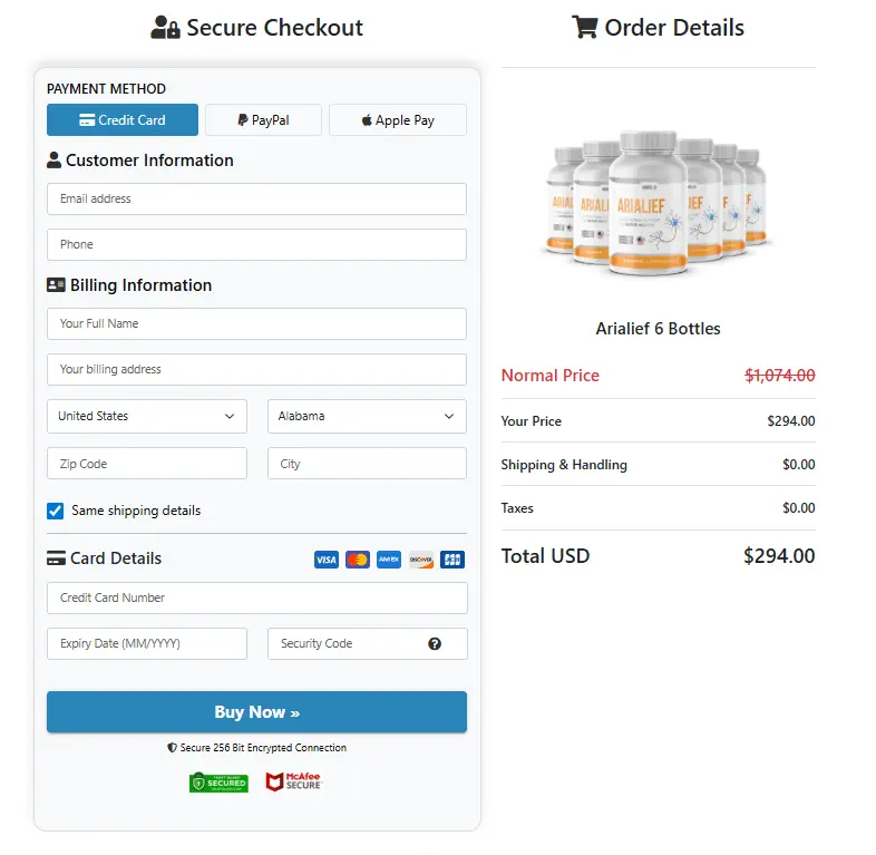 Arialief Checkout Page