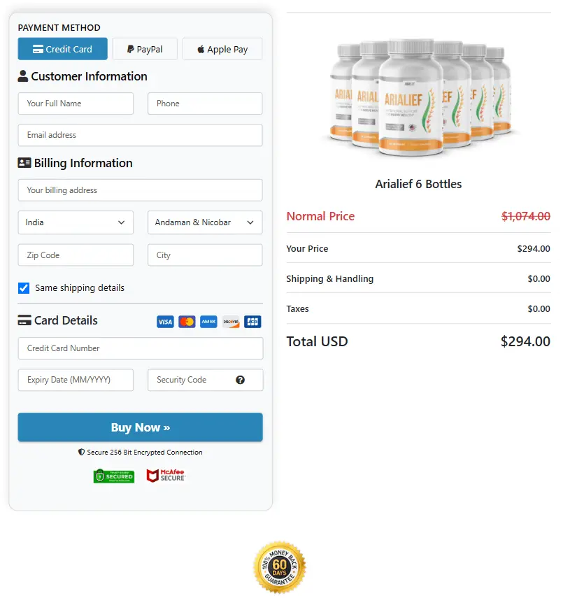 Arialief™ Checkout Page